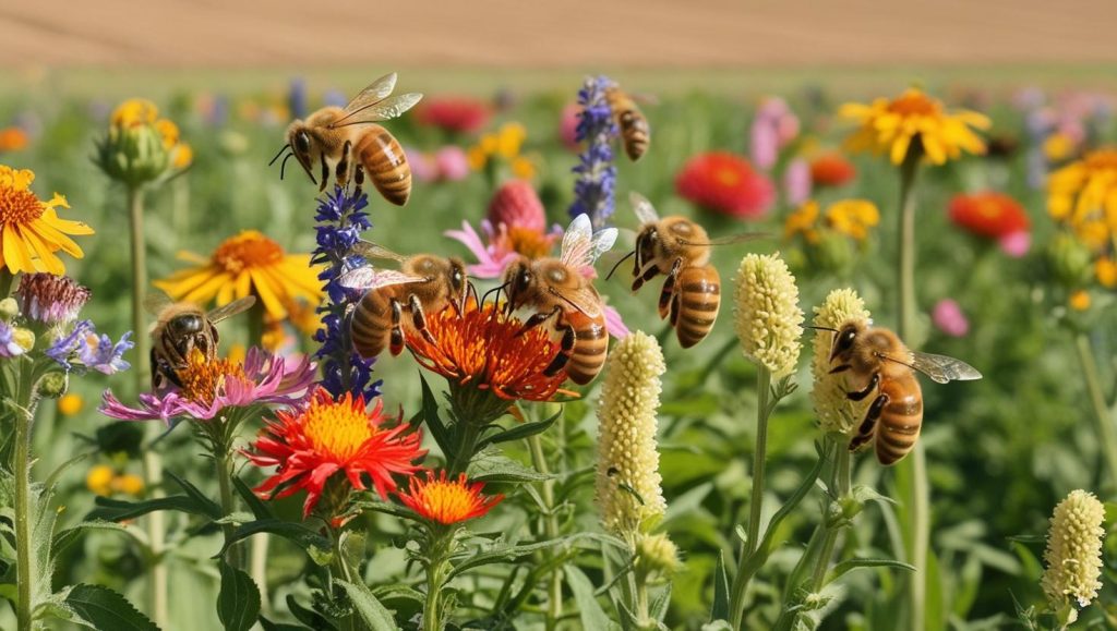 Honeybees pollinating apple tree blossoms for better fruit production in South Africa.